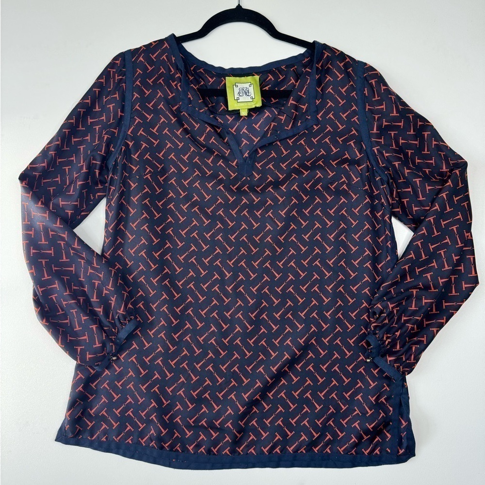 Elizabeth McKay 100% Silk Navy W/Red Long Sleeve Blouse Size 10